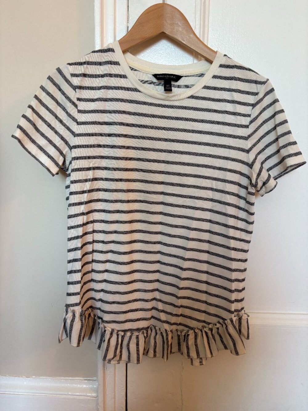 Banana Republic Factory White and Black Striped Short-Sleeve Peplum Top